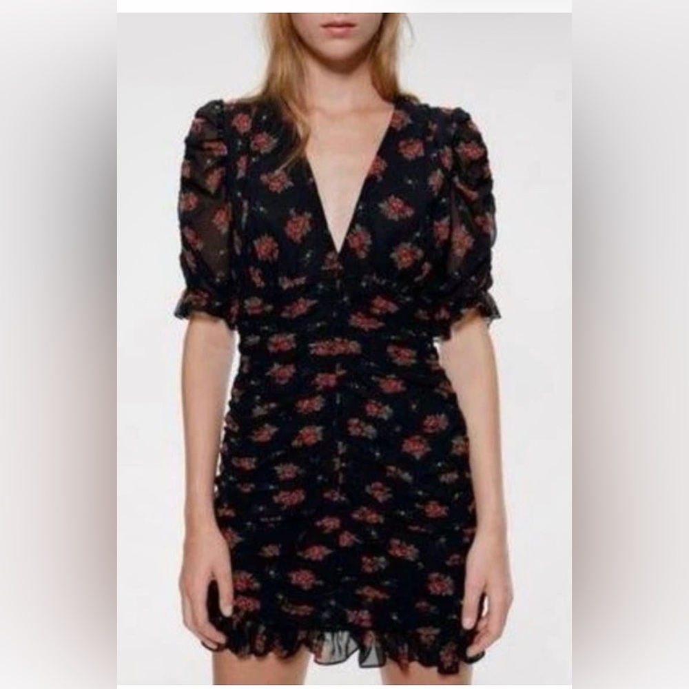 Zara Black Mini Dress with Red Floral Pattern